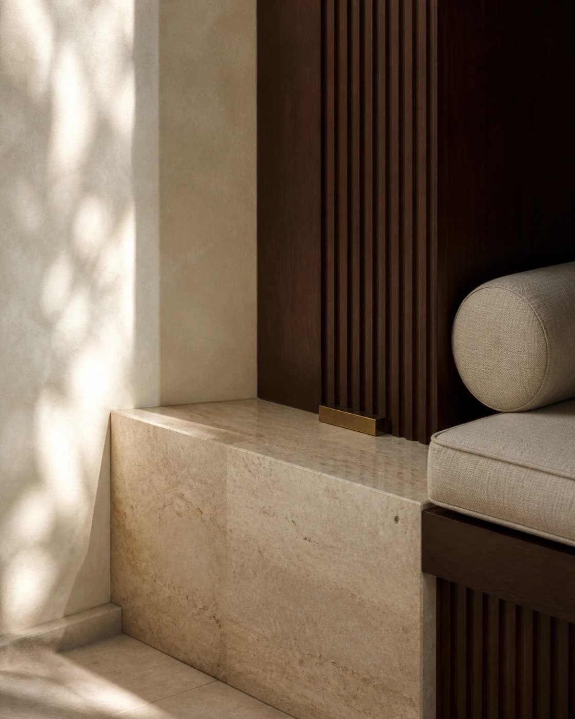 AI-generated interior material study of stone, dark fluted teak, linen and warm plaster. Not a documented project detail.